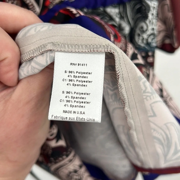 Clover Canyon Dress Womens XS Red Blue Printed Bubble Sleeve Mini V Neck - Picture 5 of 11